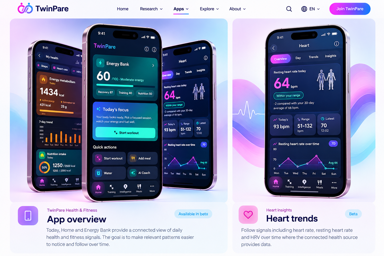 TwinPare Health & Fitness design concept with light gradients and iPhone Pro Max presentations