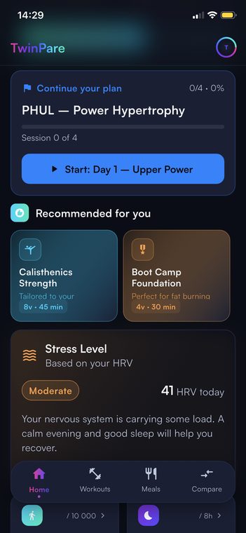 TwinPare Health home screen with AI workout recommendation and active training plan
