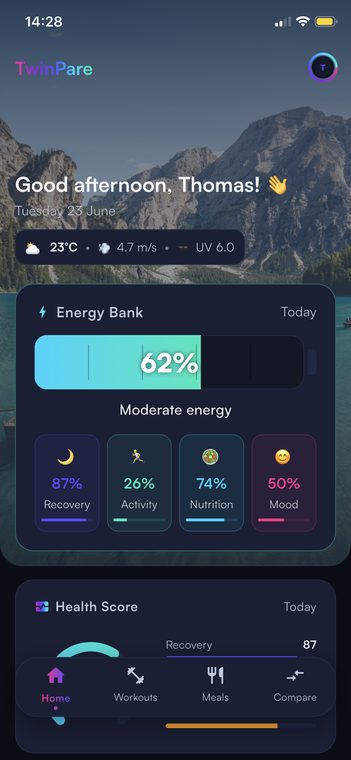 TwinPare Health home screen with energy bank, recovery, activity, nutrition and mood signals
