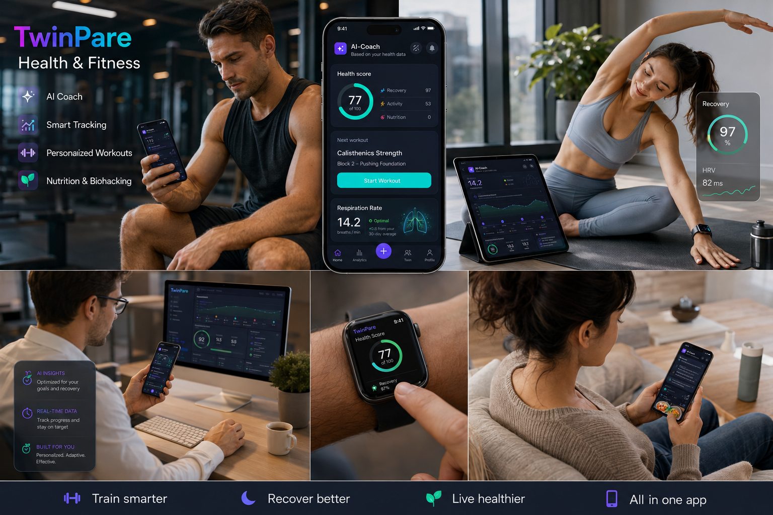 TwinPare Health & Fitness app preview showing energy bank, health score and recovery signals