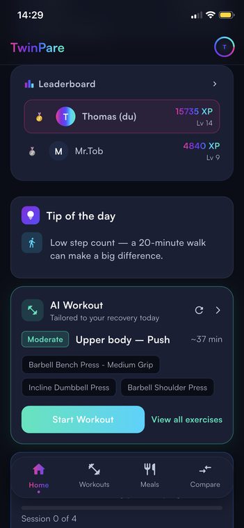 TwinPare Health home screen showing a leaderboard, tip of the day and AI workout recommendation
