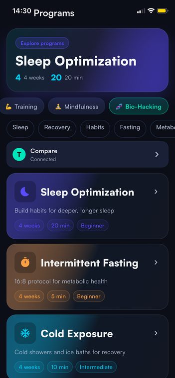 TwinPare Health programs screen with bio-hacking programs such as sleep optimization and fasting