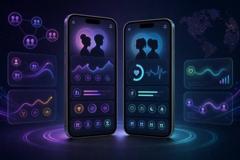 TwinPare app ecosystem preview with twin connection, challenges and health screens