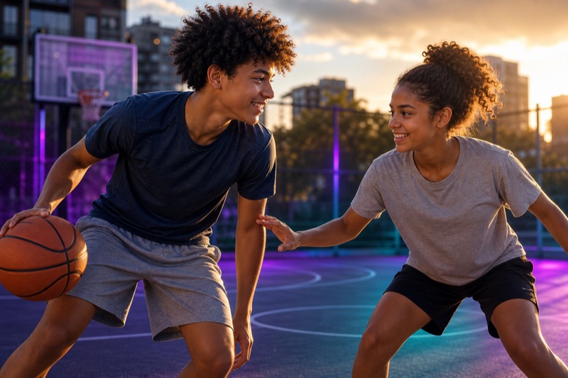 Fraternal boy and girl twins playing basketball together on an outdoor court