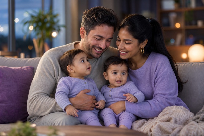 Parents at home with baby twins in a warm family setting