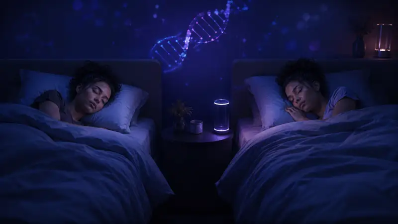 Two adult female twins sleeping in a calm night setting with a subtle DNA motif, illustrating research on sleep and genetics.