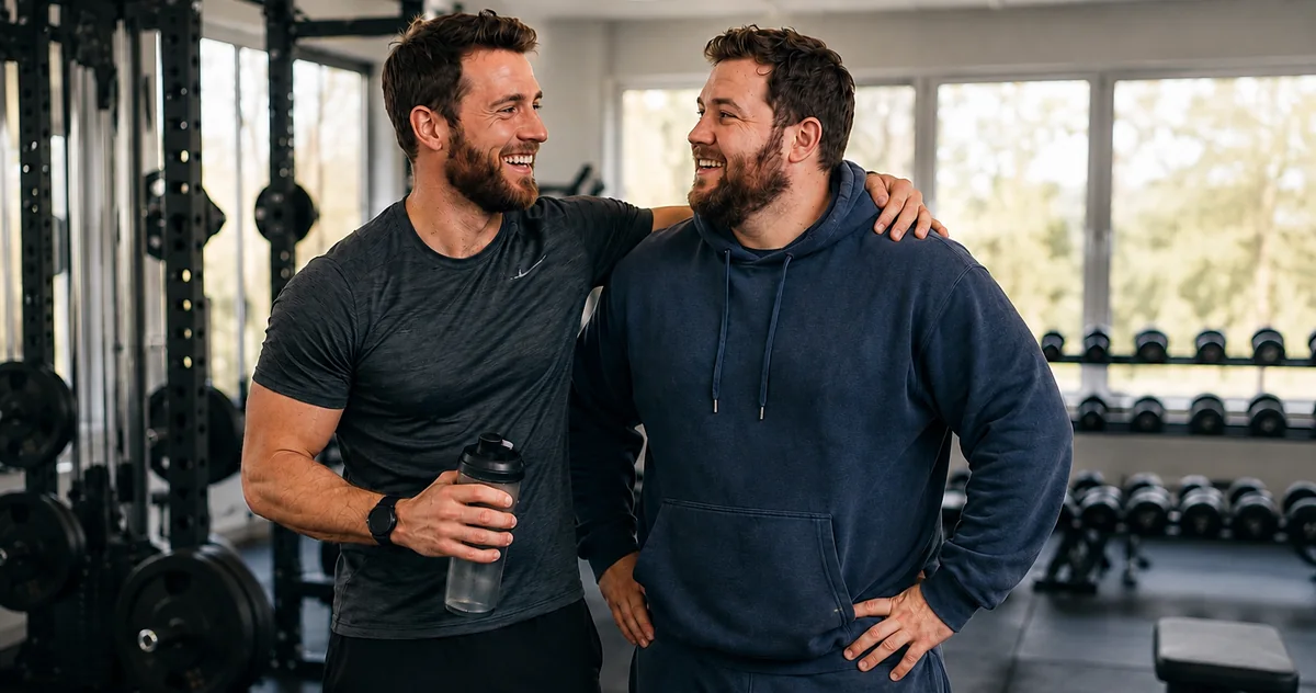 Two adult twin brothers together in a gym, representing shared background and different life paths.