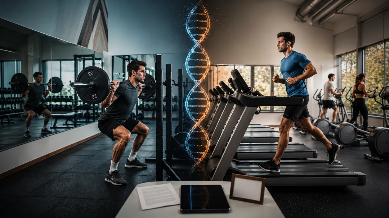 Resistance training and cardio on either side of an illustrated DNA helix