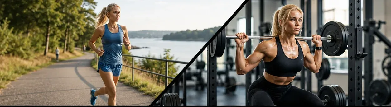 Delad bild med konditionslöpning på ena sidan och styrketräning på den andra