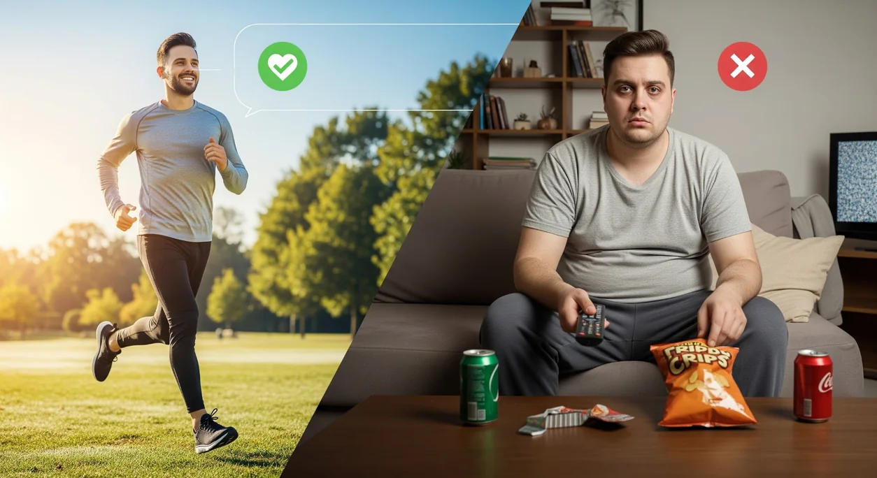 Delad bild som jämför en aktiv tvilling utomhus med en mindre aktiv tvilling hemma