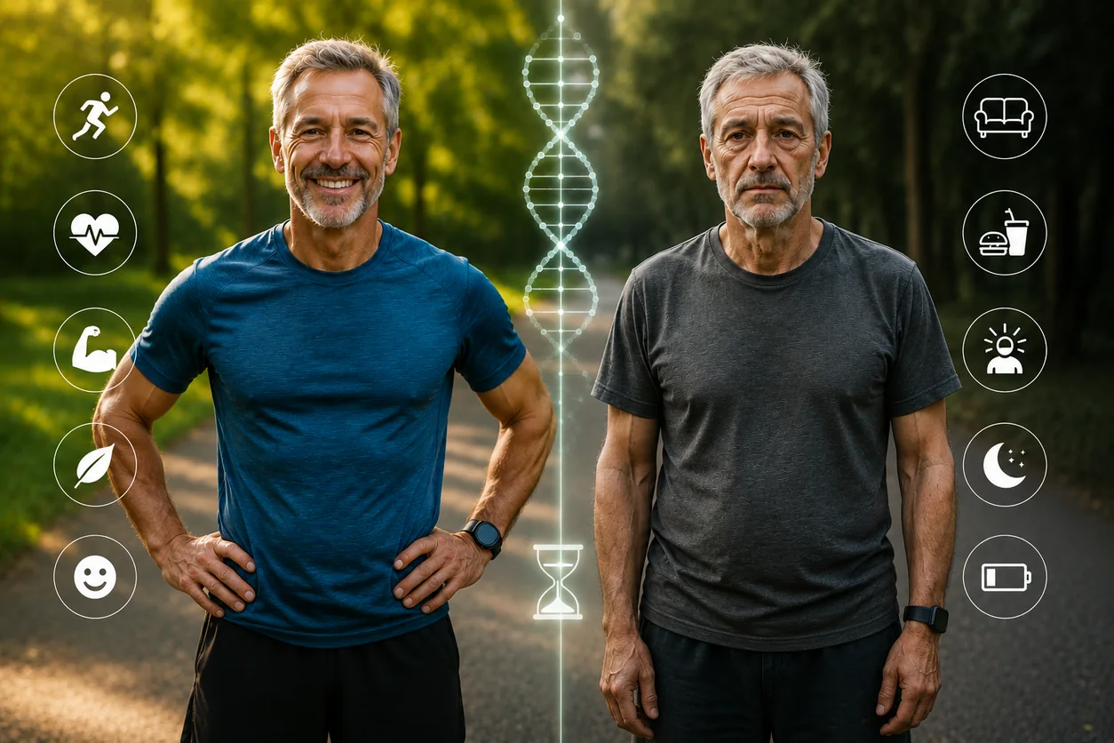 Två äldre tvillingbröder med olika aktivitetsnivåer och en DNA-symbol mellan dem