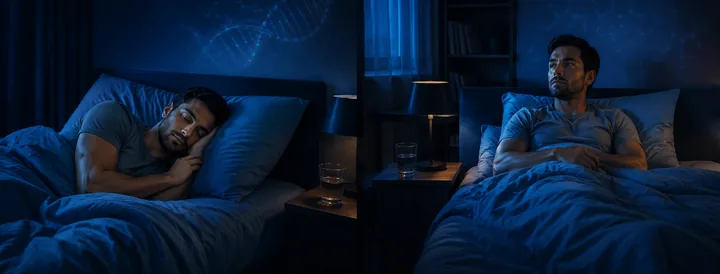 Identical twin adults shown in separate nighttime sleep settings, illustrating different sleep patterns.