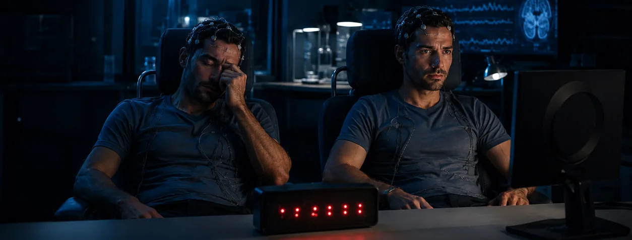 Two men awake in a dim night-time setting, representing individual differences in response to repeated exposure and stress.