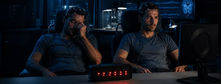 Identical twins participating in a sleep deprivation research setting with a scientific laboratory atmosphere.