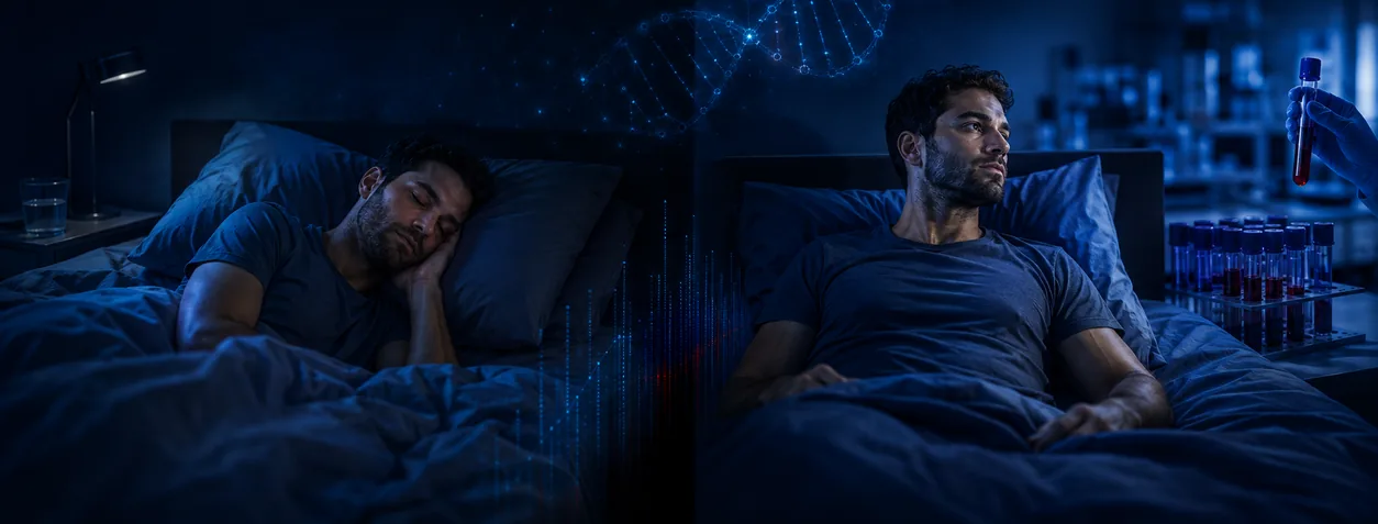 Two people in different sleep environments, illustrating how shared genetics do not produce identical outcomes.