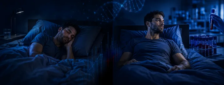 Identical twins in separate sleep settings with a scientific and genetic research context.