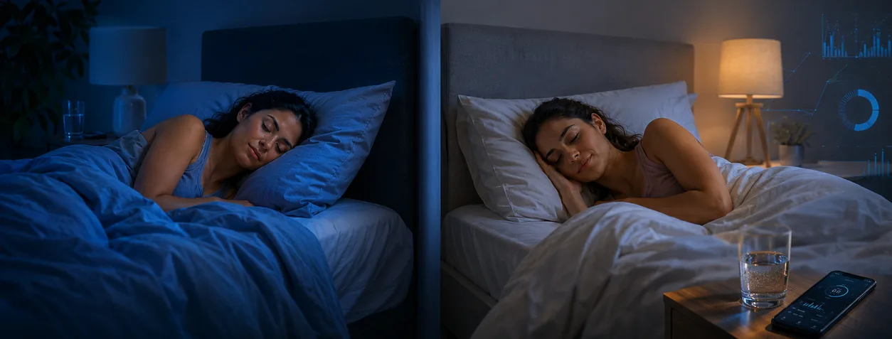 Two people sleeping in contrasting night-time environments, representing links between sleep, lifestyle and body-weight research.