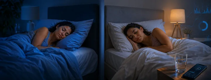 Identical twins in separate health and sleep-related settings, illustrating the relationship between sleep and body weight research.