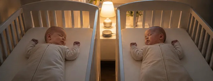 Twin infants sleeping on their backs in separate clear cribs in a calm nighttime setting, illustrating research into infant sleep and night waking.