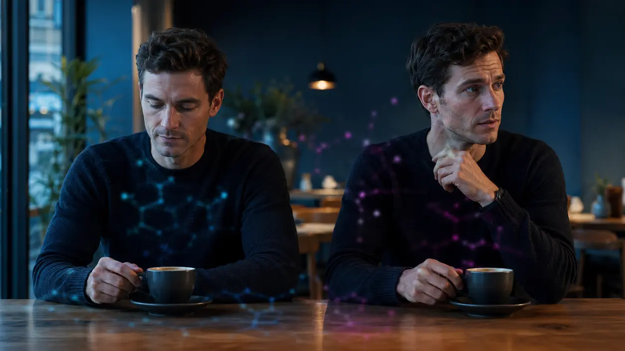 Twin adults drinking similar cups of coffee while showing different alertness and restlessness in a modern editorial setting.