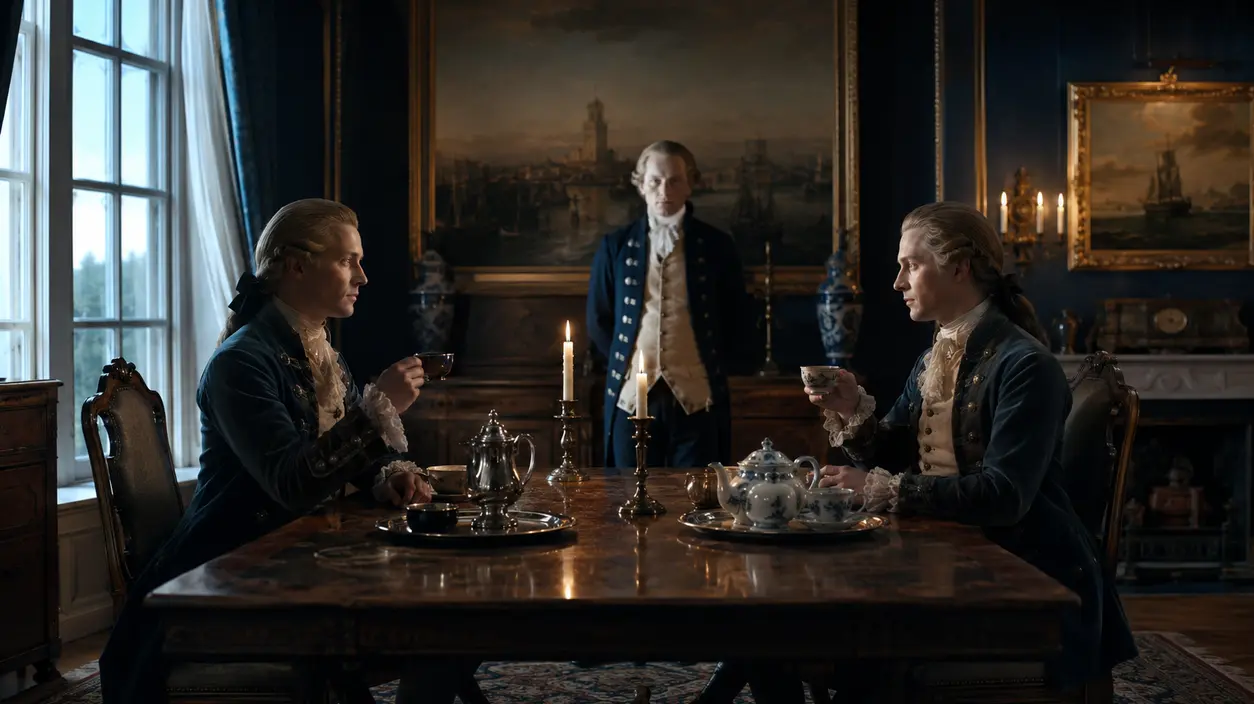 An eighteenth-century Swedish coffee and tea setting with twin brothers represented in a restrained historical editorial scene.