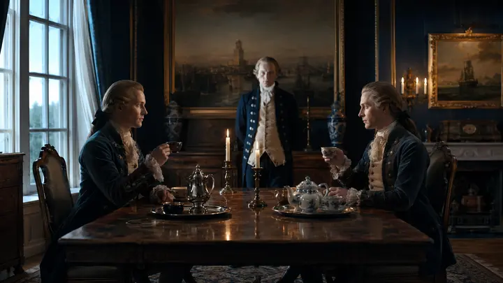 An eighteenth-century Swedish coffee and tea setting with twin brothers represented in a restrained historical editorial scene.