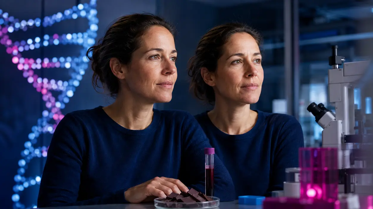 Two women in a research-inspired setting with a DNA motif, representing twin studies of biology and lifestyle.