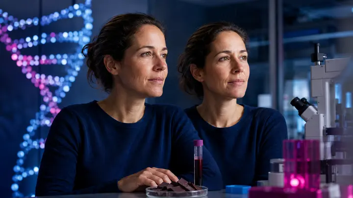 Dark cocoa, a blood sample and subtle DNA methylation data cues in a premium TwinsUK research editorial scene.