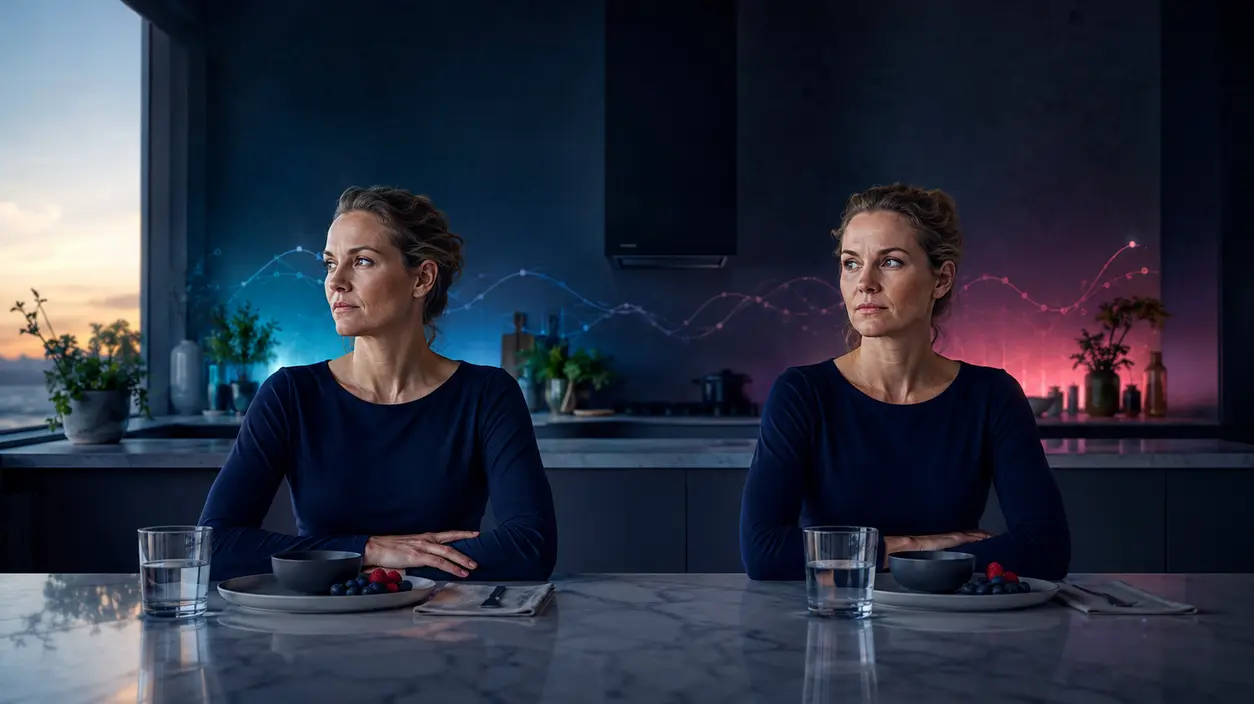 Twin-focused editorial research scene illustrating fasting and hormones: what actually happens when we stop eating? without medical promises.