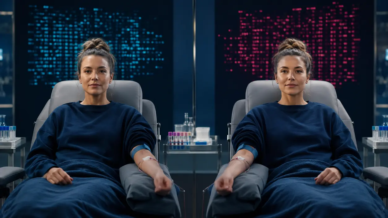 Two women shown with research data and contrasting biological signals, representing a proposed multi-factor twin study.