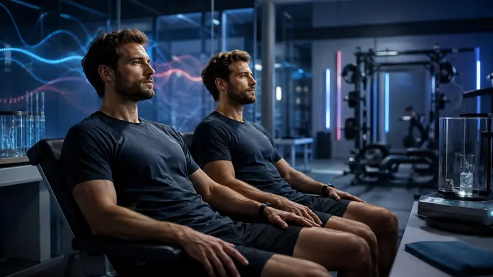 Twin-focused editorial research scene illustrating fasting can raise growth hormone—but does that mean more muscle? without medical promises.