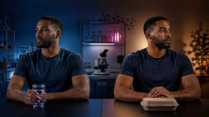 Twin-focused editorial research scene illustrating fasting and testosterone: does fasting raise or lower it? without medical promises.