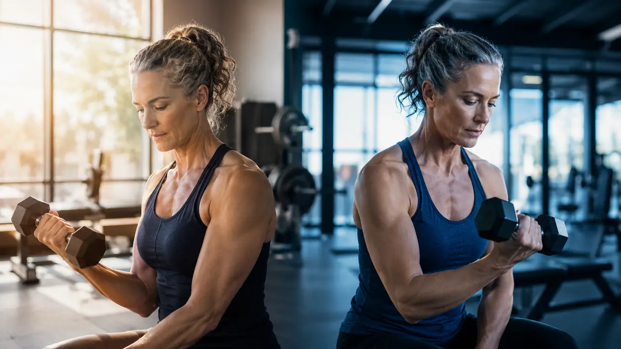 Two women strength training in a gym, representing muscle function, ageing and individual response.