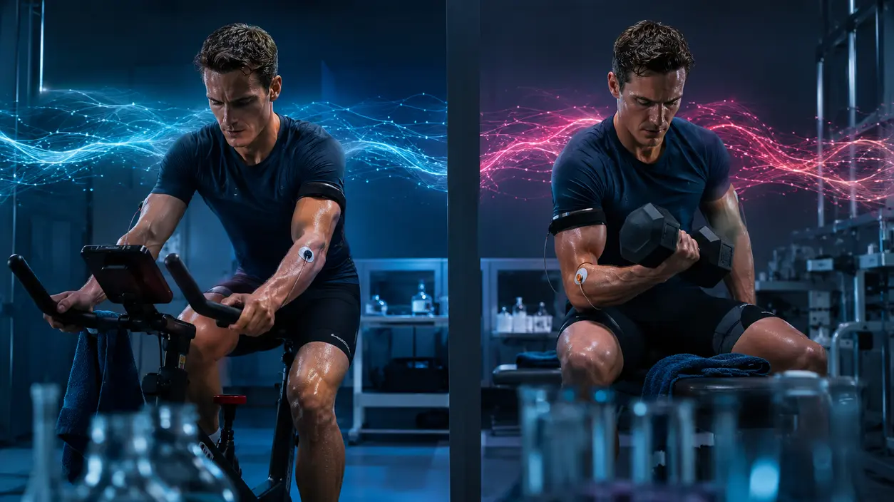 Identical twin brothers completing the same demanding workout while subtle scientific light patterns suggest different internal responses.