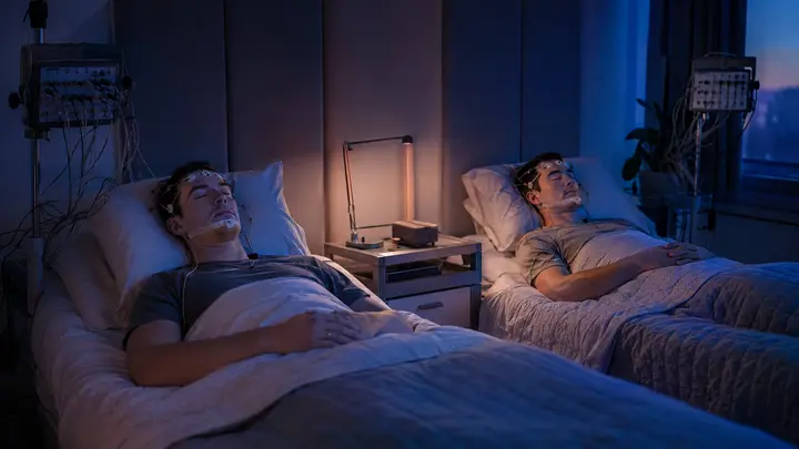 Same-sex adult twins sleeping in adjacent laboratory beds while their recovery sleep is monitored with EEG after an extended period awake.