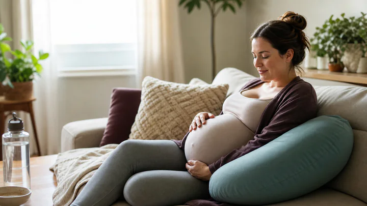 Gravid person som vilar bekvämt hemma under en tvillinggraviditet